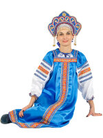 Русский народный костюм "Василиса" для женщины атласный комплект синий сарафан и блузка