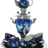Набор самовар электрический 3 литра с росписью "Жостово на синем фоне" с чайным сервизом и подносом, арт. 110591с 