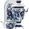 Самовар электрический 3 литра с росписью "Гжель" в наборе с чайником и подносом, арт. 130309