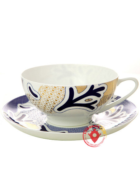 Чашка с блюдцем чайная форма Купольная рисунок Синий узор Императорский фарфоровый завод